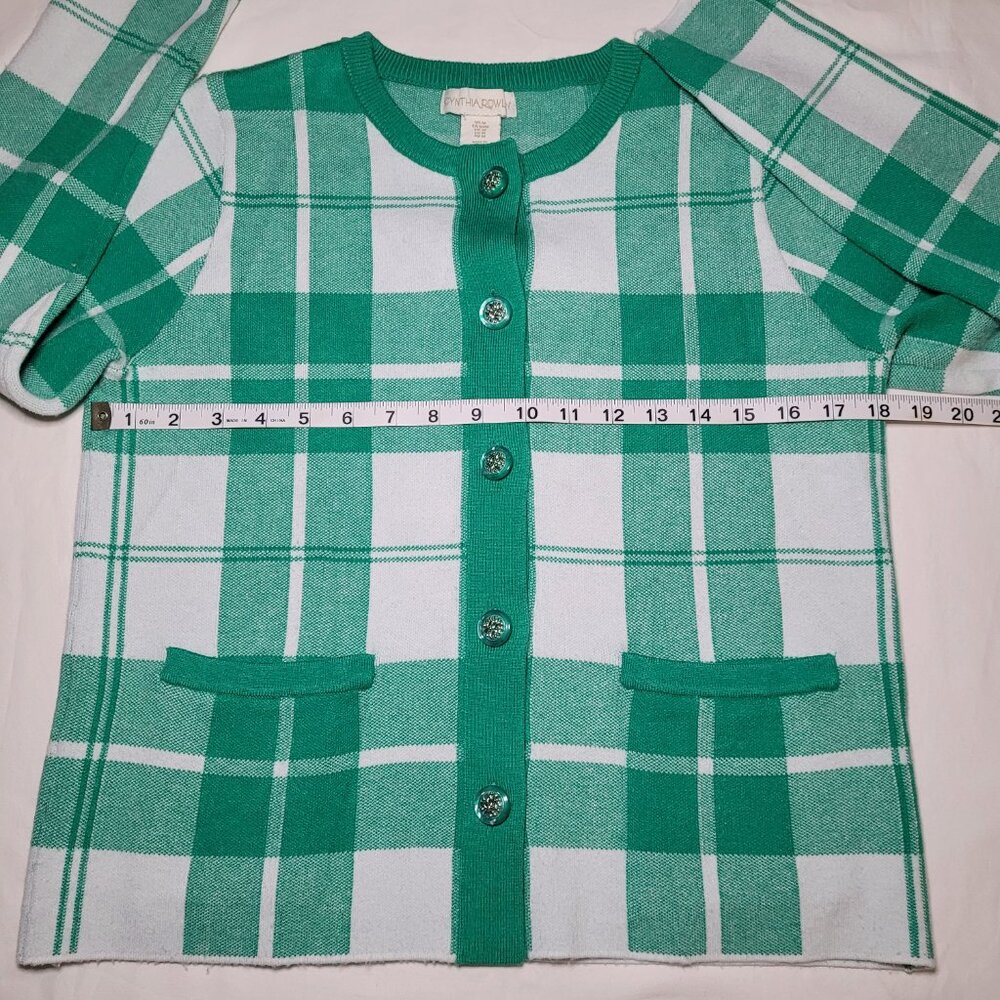 Cynthia Rowley Plaid Button Front Cardigan Sweater Green White Medium Preppy - Picture 6 of 10